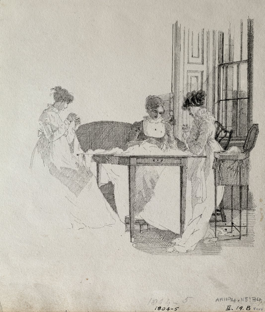 Szycie damskie, 1805 (pióro i tusz na papierze) autorstwa John Harden