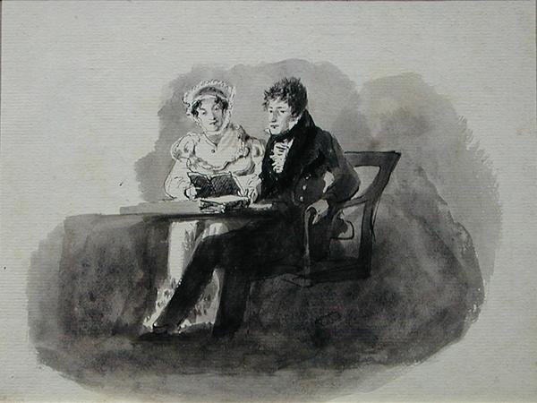 Kobieta i mężczyzna czytający (pióro i tusz na papierze) autorstwa John Harden