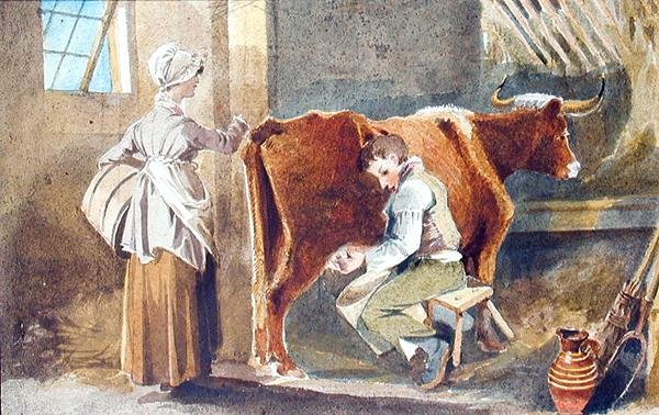 Dojenie (akwarela na papierze) autorstwa John Harden