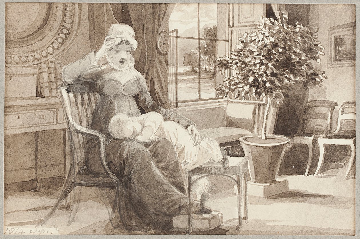 Pani H z dzieckiem Johnem Williamem, 1814 (wc na papierze) autorstwa John Harden