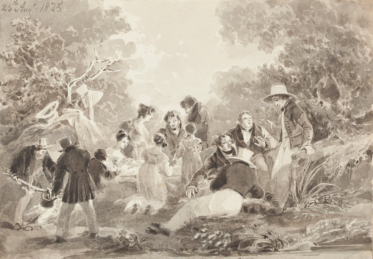Piknik nad jeziorem, 1825 (wc na papierze) autorstwa John Harden