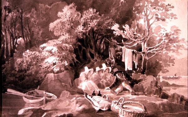Piknik nad jeziorem Windermere (atrament na papierze) autorstwa John Harden