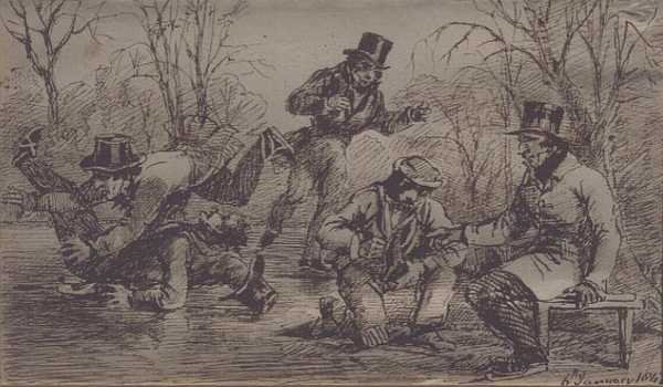 Łyżwiarstwo na jeziorze Windermere (pióro i atrament na papierze) autorstwa John Harden