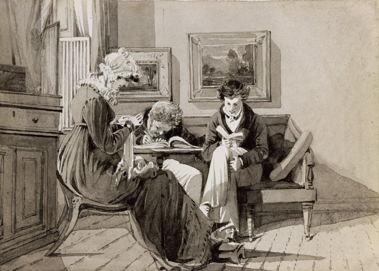 Wnętrze społeczne w Brathay Hall, przedstawiające Jessy Harden, wielebnego Owena Lloyda i H. Almacka, ok. 1827 (tusz i pranie na papierze) autorstwa John Harden