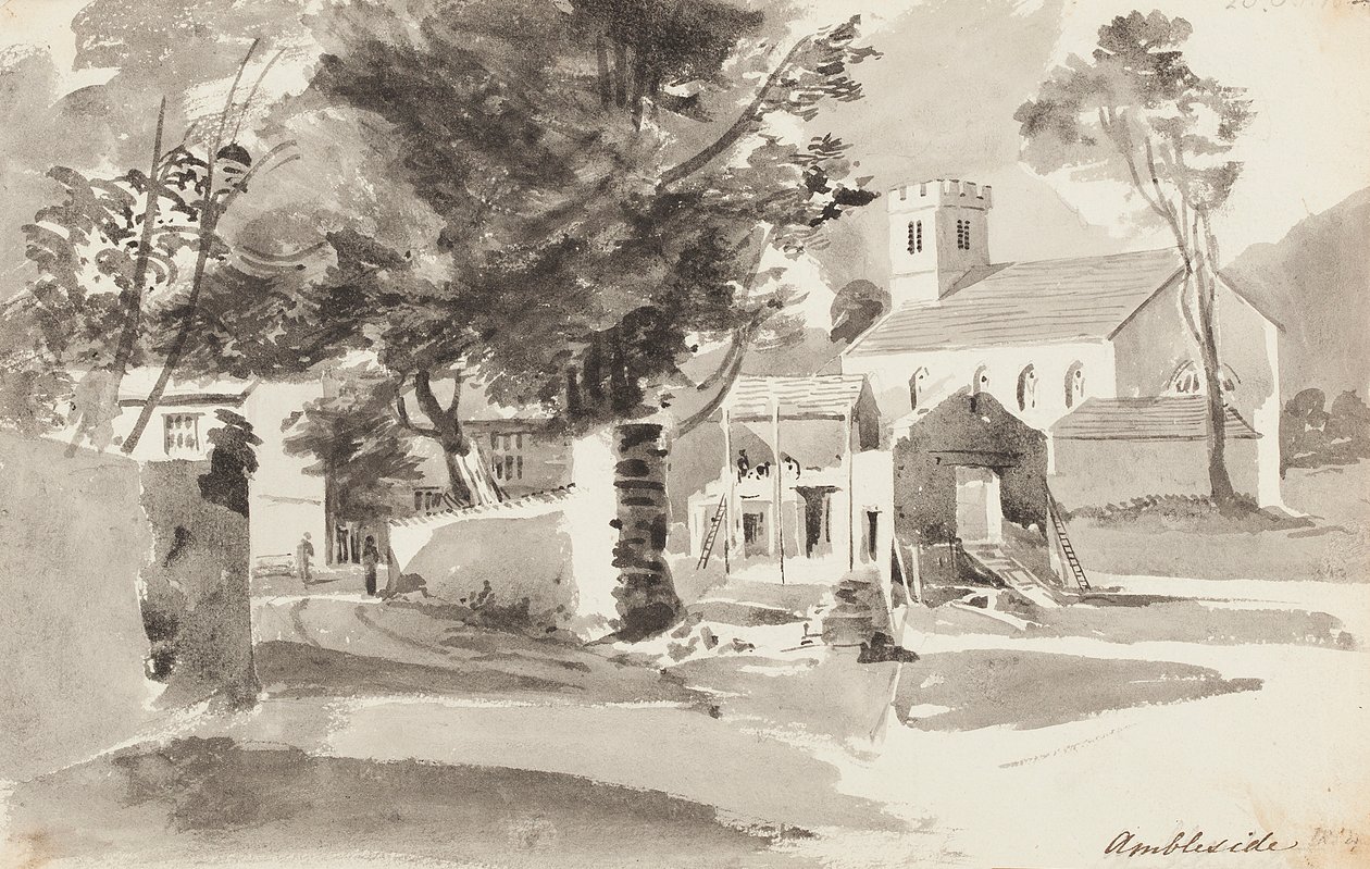 Kościół St Anns, Ambleside, 1814 (wc na papierze) autorstwa John Harden