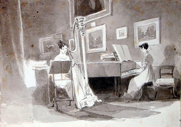 Duet (pióro i tusz do prania na papierze) autorstwa John Harden