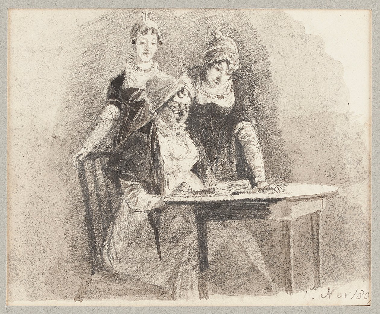 Ширээн дээр гурав, нэг сууж, 1807 (харандаа, цаасан дээр угаах)поли autorstwa John Harden