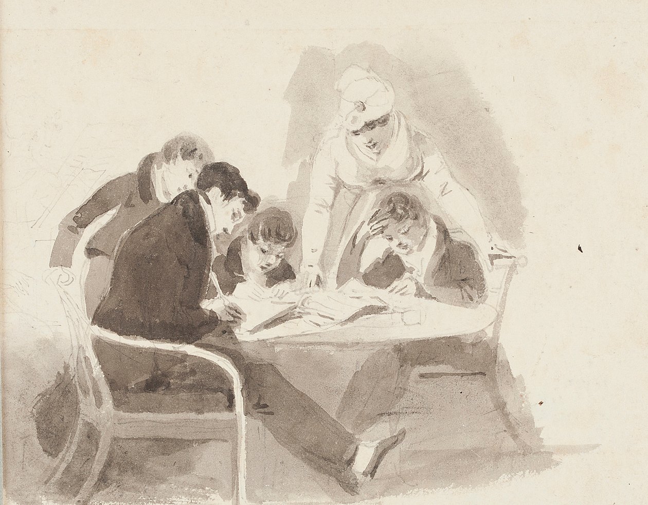 Dwóch chłopców odrabiających lekcje, 1811 (wc na papierze) autorstwa John Harden