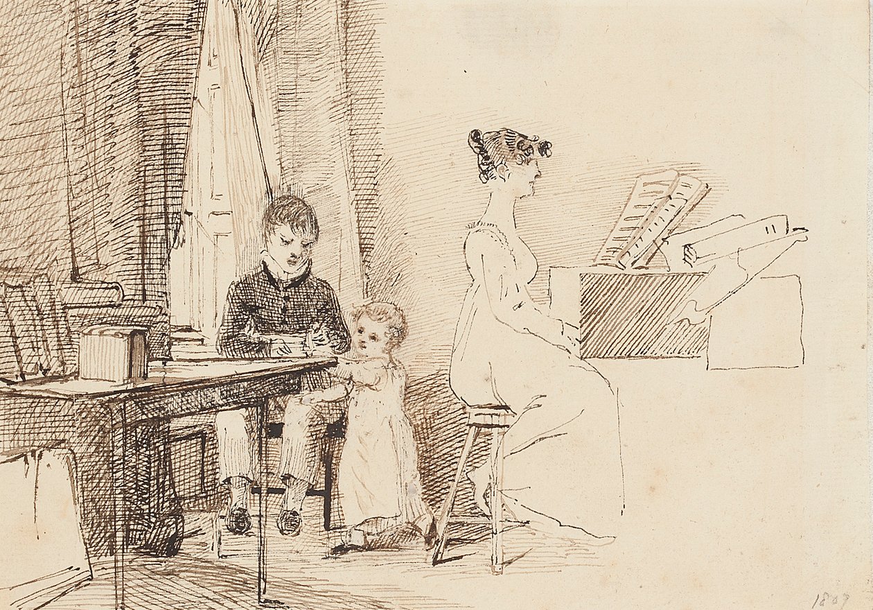 Dwoje dzieci i kobieta przy fortepianie, 1807 autorstwa John Harden