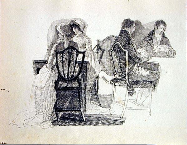 Dwie grupy we wnętrzu (tusz na papierze) autorstwa John Harden