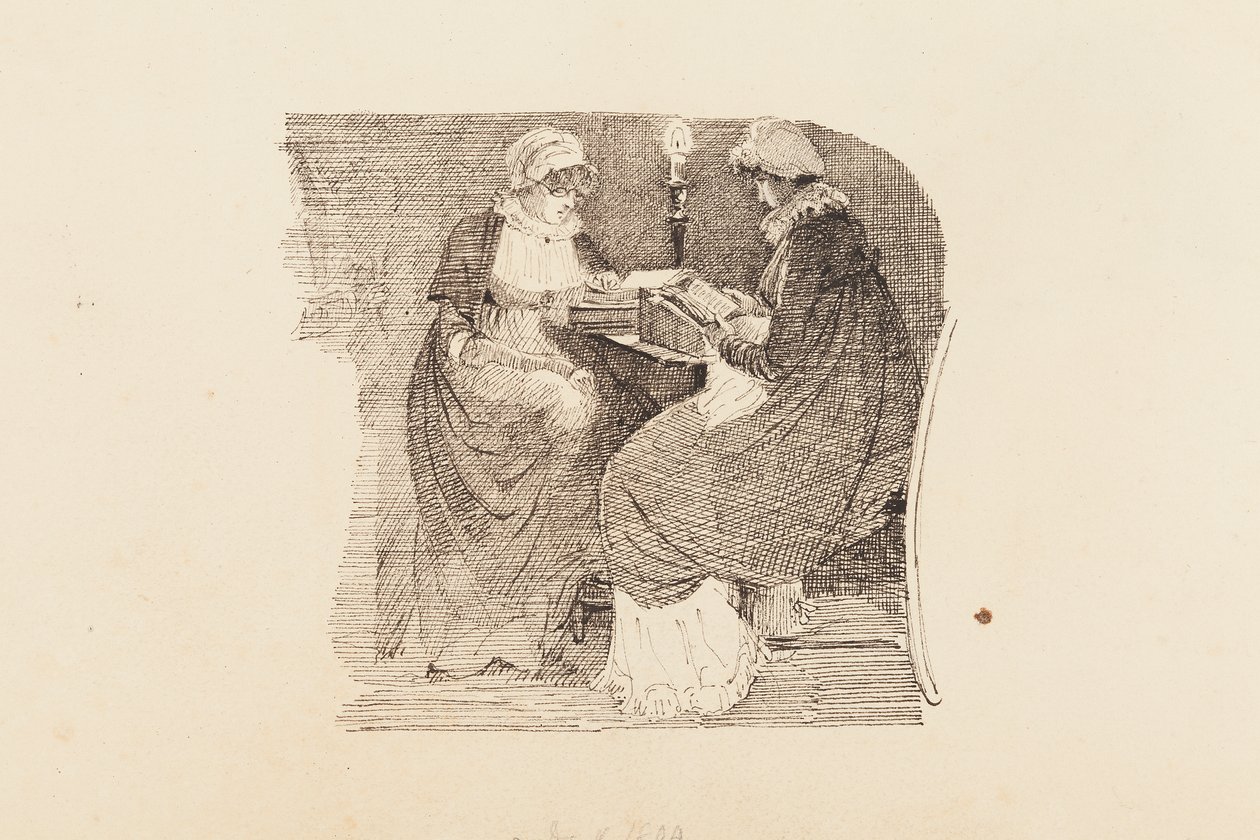 Dwie kobiety czytające przy świetle lampy, 1804 (pióro i atrament na papierze) autorstwa John Harden