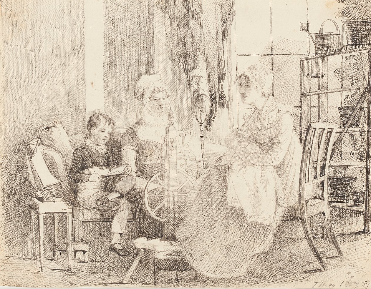 Kobiety przy kole przędzalniczym i chłopiec z zabawkową łódką, 1807 autorstwa John Harden