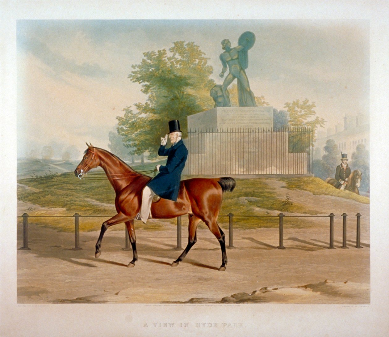 Książę Wellington przejeżdża obok pomnika Achillesa w Hyde Parku w Londynie, 1844. autorstwa John Harris