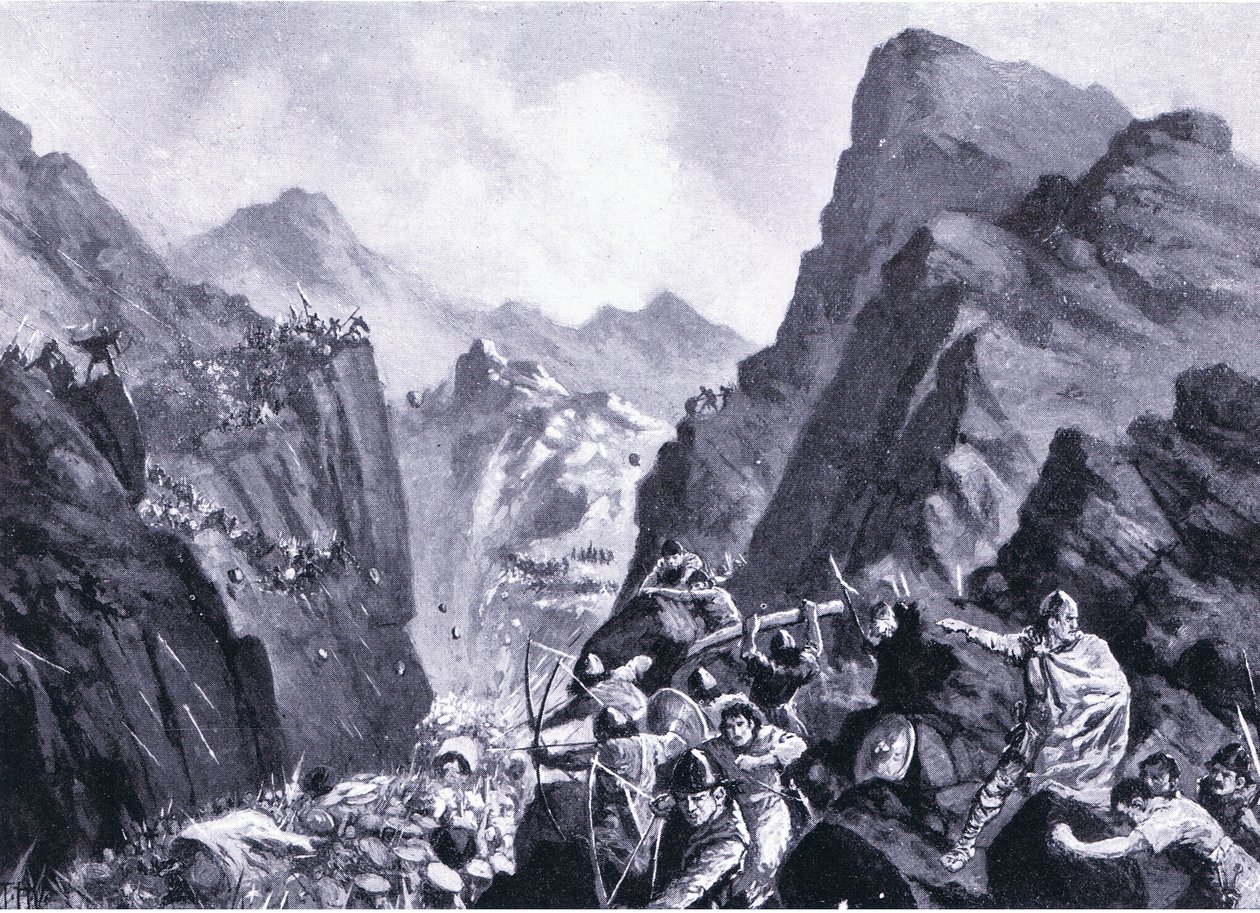 Zagłada armii greckiej, ilustracja z Hutchinsons History of the Nations VOL 4 c.1920s autorstwa John Harris Valda