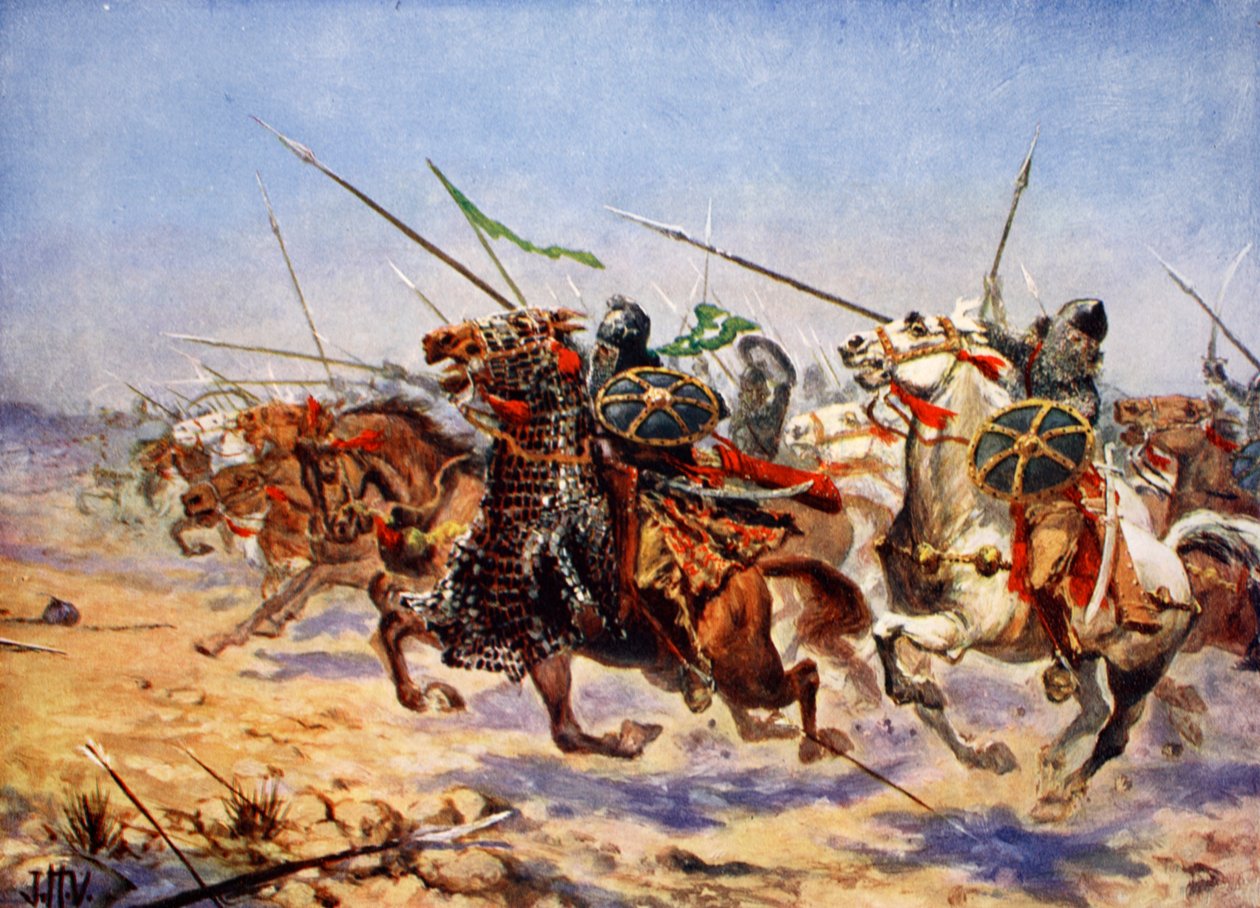 Szarża kawalerii Szahrbaraza, ilustracja z „Historii Narodów Hutchinsona”, 1915 autorstwa John Harris Valda