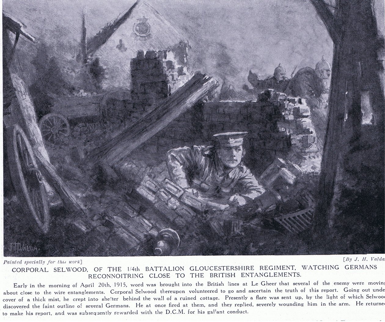 Kapral Selwood wygrał DCM za obserwowanie Niemców podczas zwiadu w pobliżu brytyjskich uwikłań w Le Gheer w kwietniu 1915 r. autorstwa John Harris Valda