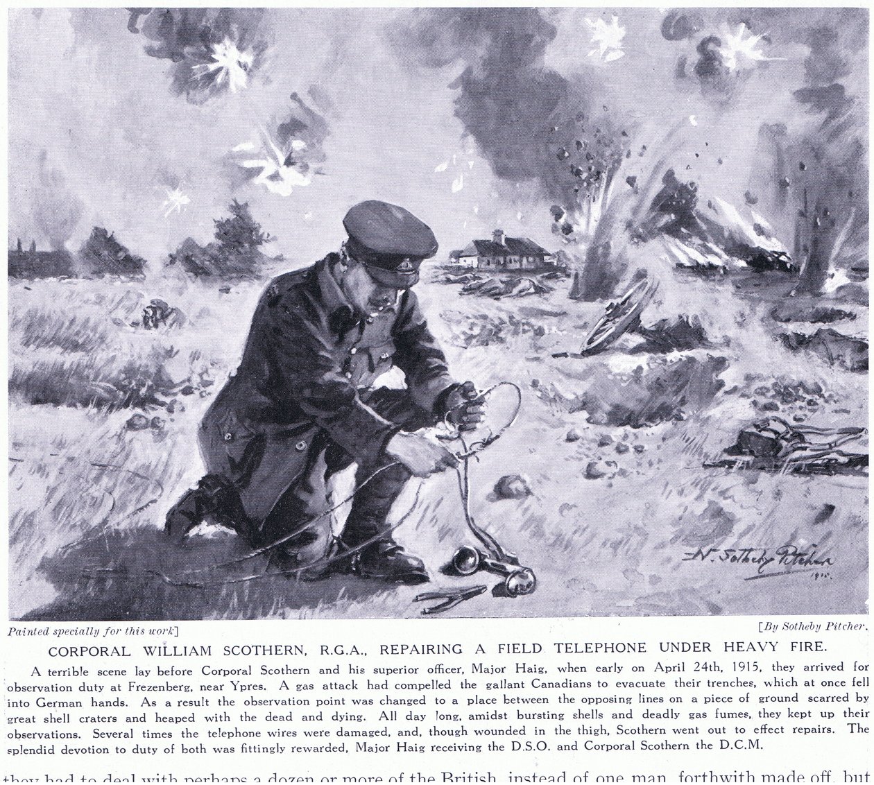 Kapral William Scothern RGA naprawiający telefon polowy pod ciężkim ostrzałem został nagrodzony DCM Ypres maj 1915 r. autorstwa John Harris Valda