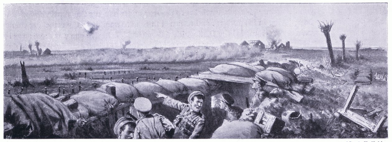 Atak gazowy na okopy 2. Pułku Fizylierów Lancashire, w którym szeregowy Lyn stracił życie, ale wygrał VC. Ypres kwiecień 1915 autorstwa John Harris Valda