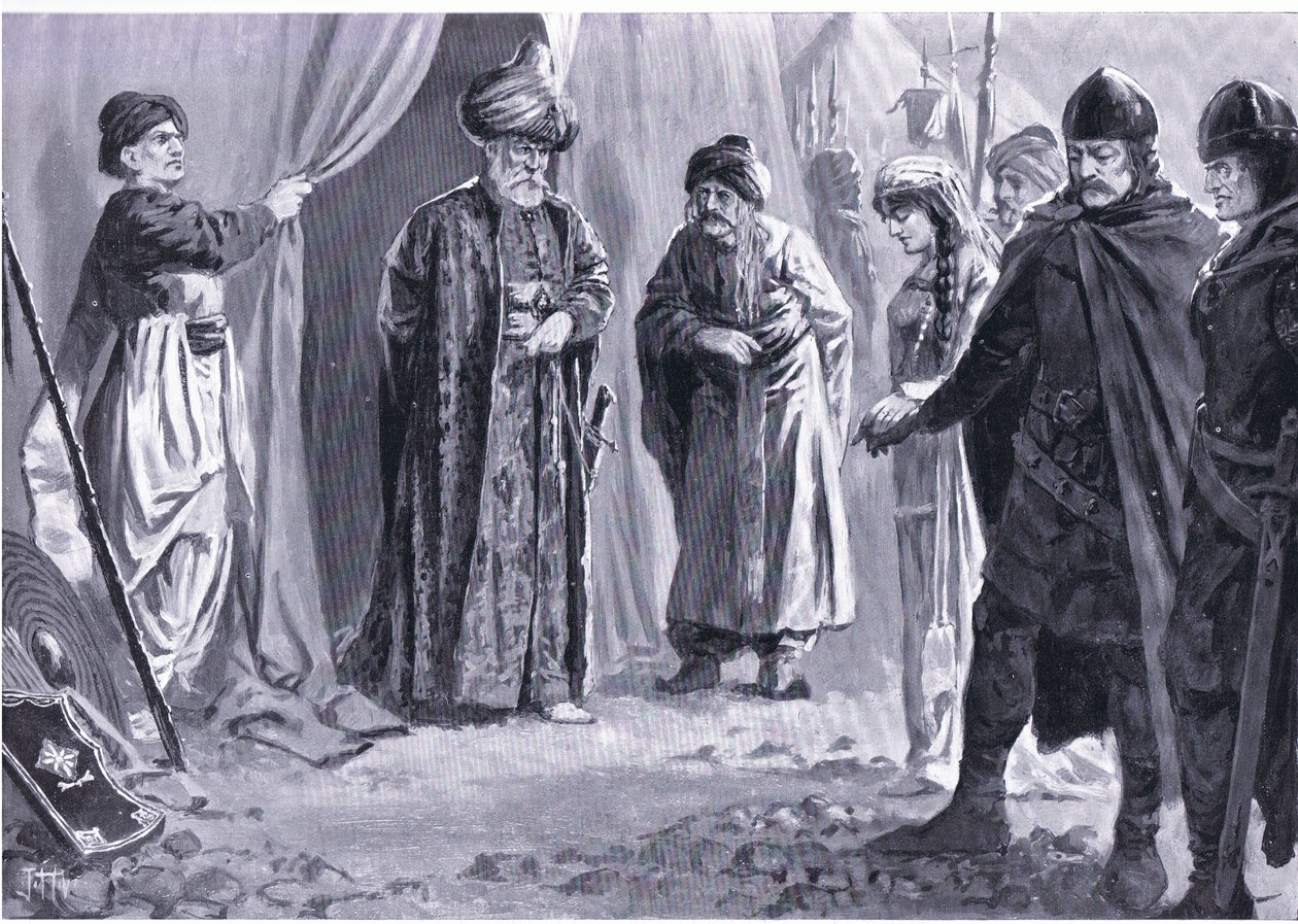 Ivan Shishman III dostarcza swoją siostrę sułtanowi Muradowi I, AD 1366, z Historii Narodów Hutchinsona (tom 4), opublikowanej przez Hutchinsona, ok. 1930 r. 1920 (lito) autorstwa John Harris Valda