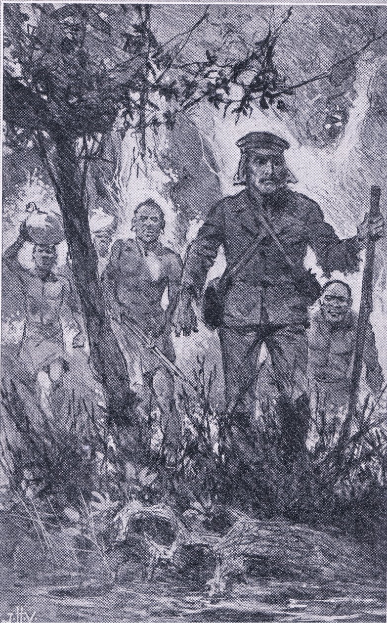 Livingstone strzelił do lwa, ale lew zaatakował go, ugryzł go w ramię i złamał lewą rękę, Newnes Pictorial Knowledge opublikowane przez Newnes, ok. 1950 r. (litografia) autorstwa John Harris Valda