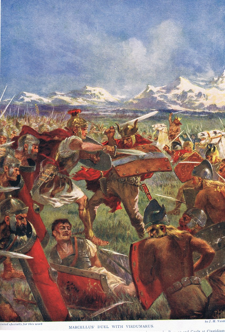 Pojedynek Marcellusa z Virdumarusem, ilustracja z „Historia Narodów Hutchinsona”, początek XX wieku autorstwa John Harris Valda