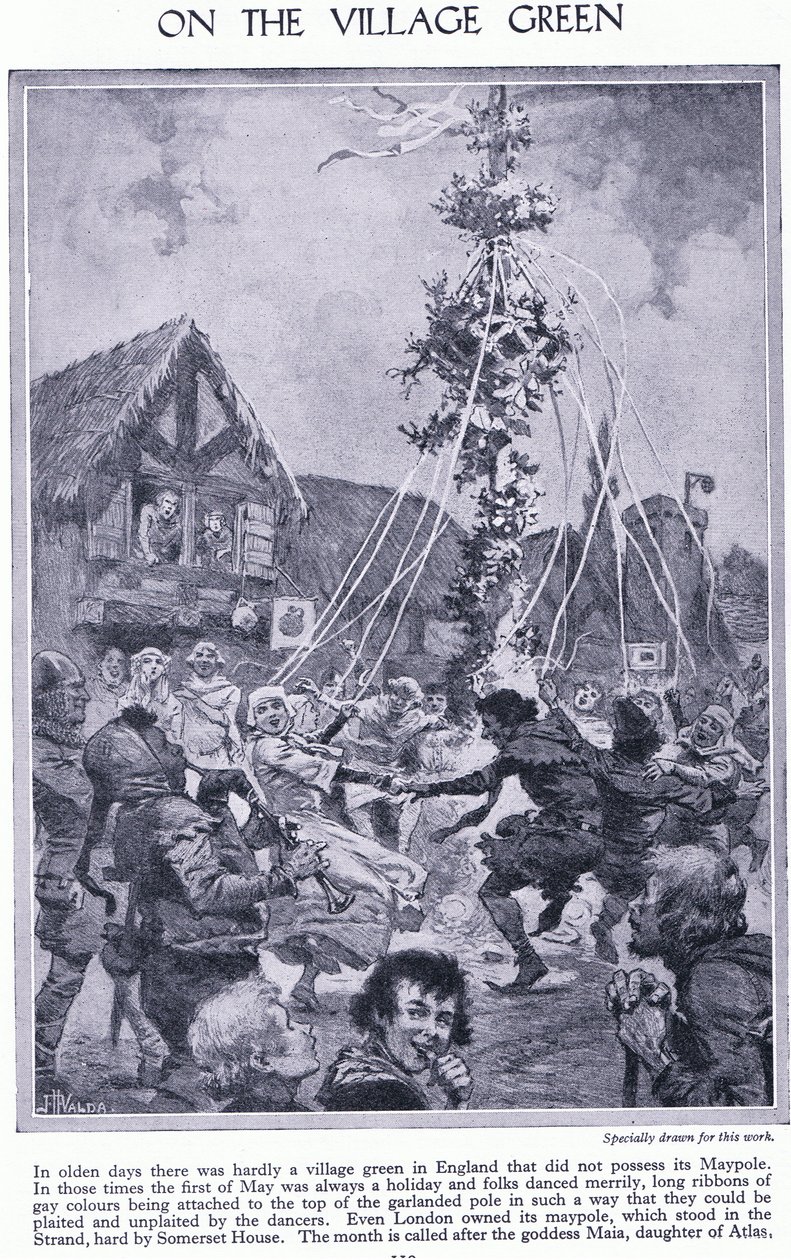 Na wiejskiej zieleni. Taniec wokół majówki, ok. 1950 r. autorstwa John Harris Valda