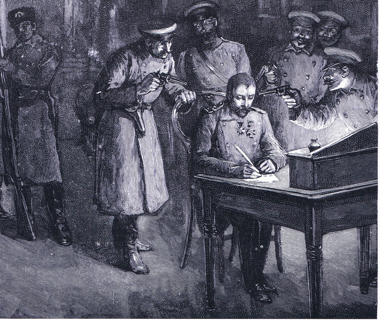 Książę Aleksander podpisujący swoją abdykację 1886, ilustracja z Hutchinsons History of the Nations TOM 4 c.1920s autorstwa John Harris Valda
