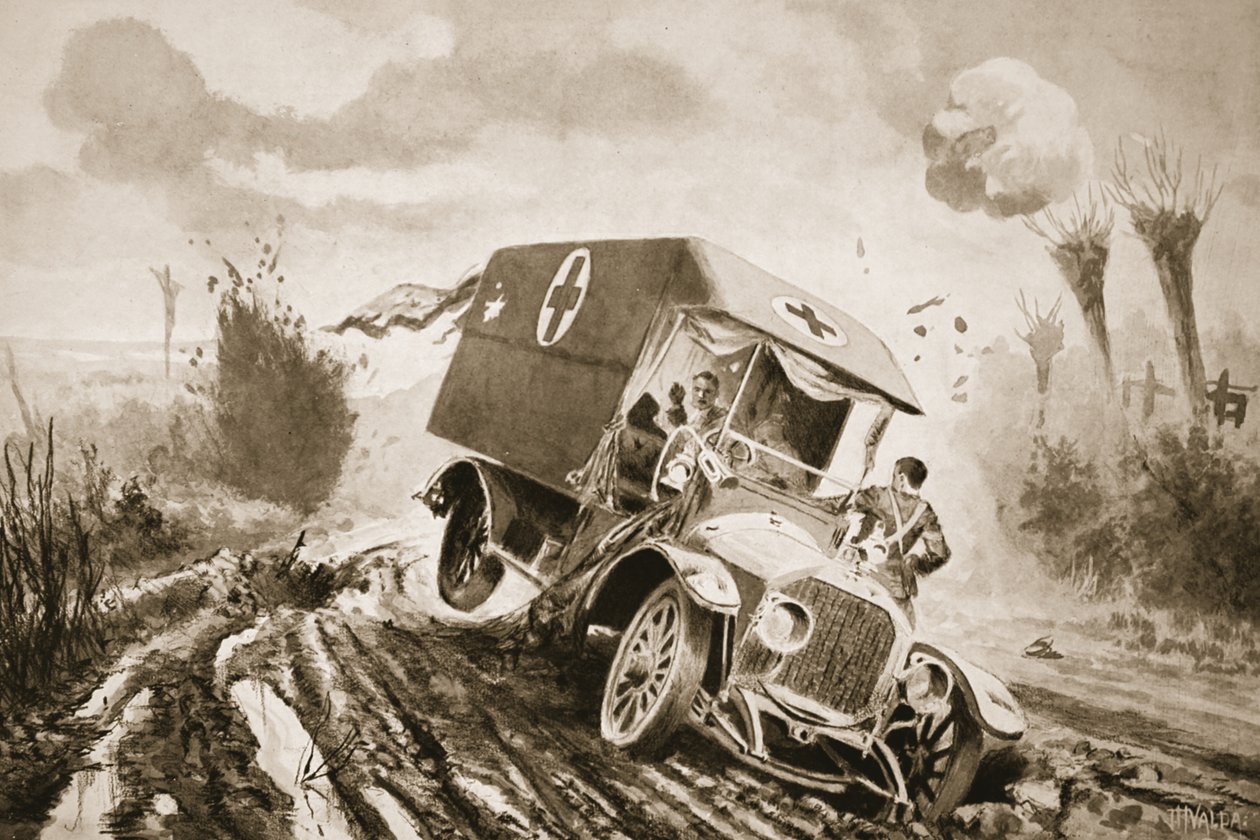 Szeregowy Adams jadący na pomoc rannym ambulansem, który pod ostrzałem wpadł w otwór po pocisku autorstwa John Harris Valda