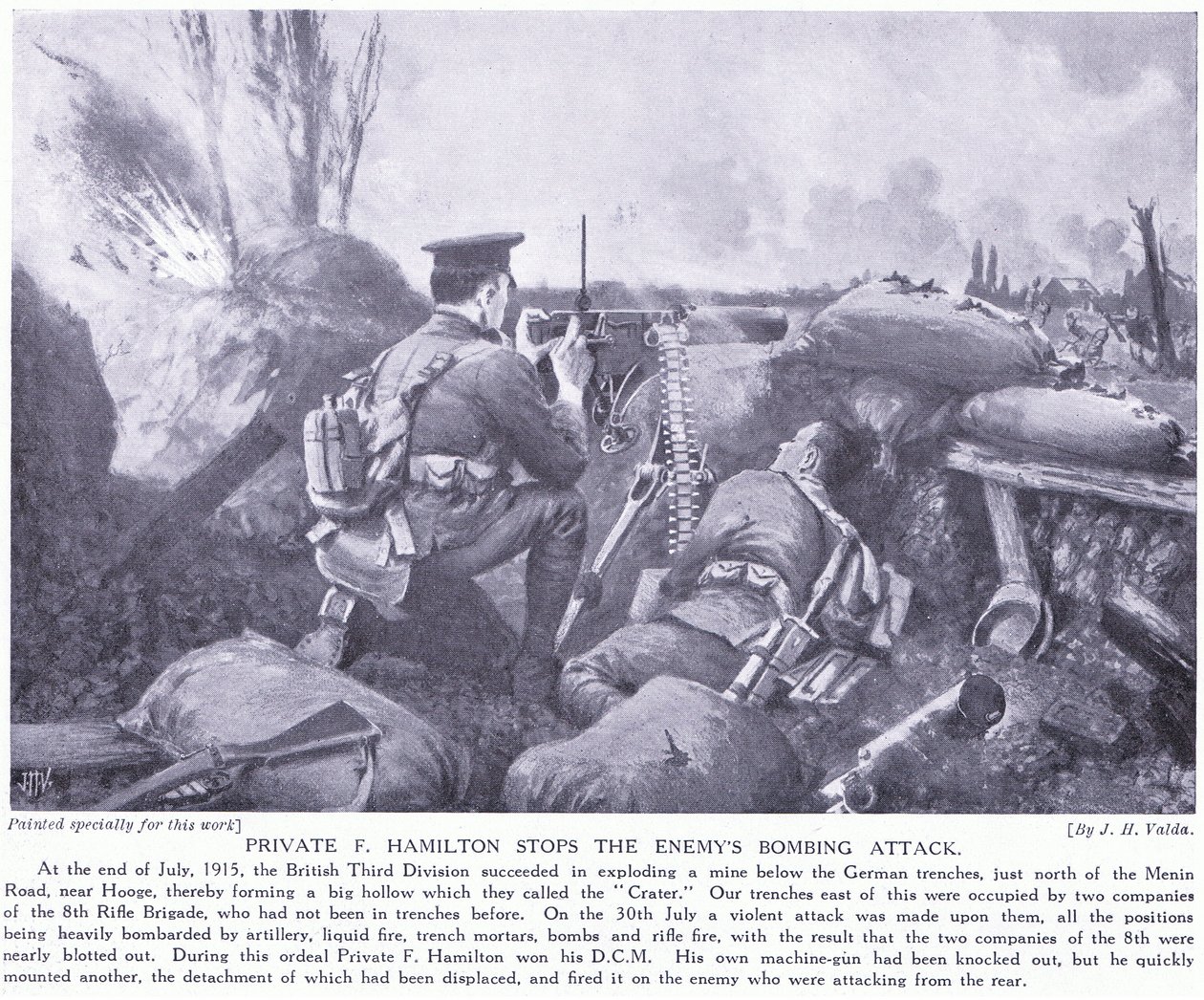 Szeregowy F Hamilton odznaczony DCM za powstrzymanie ataku bombowego wroga w lipcu 1915 r. pod Hooge. autorstwa John Harris Valda