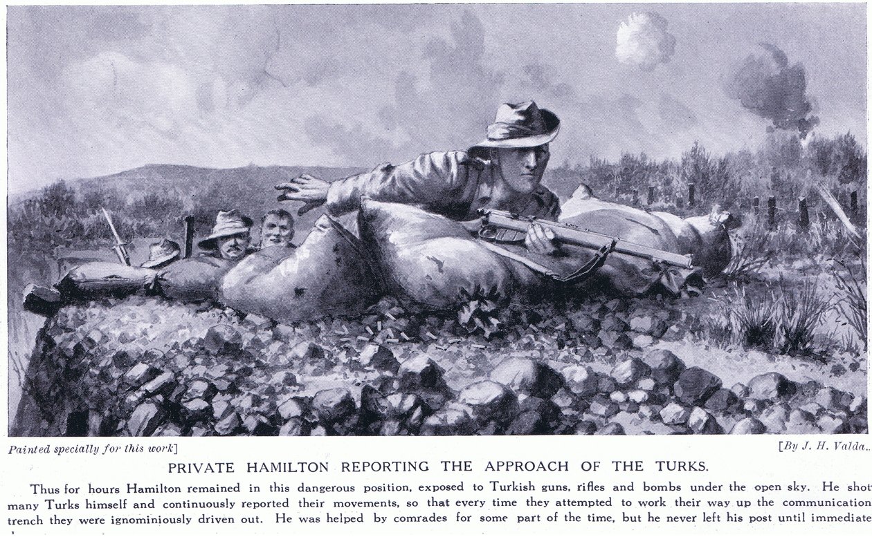 Szeregowy Hamilton donosi o zbliżaniu się do półwyspu Turks Gallipoli sierpień 1915 autorstwa John Harris Valda