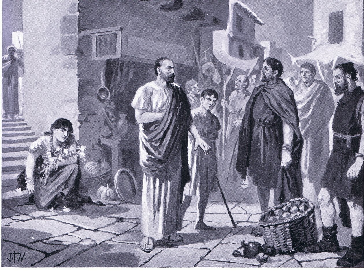 Rzymscy koloniści handlujący z rdzennymi Dakami, ilustracja z Historii Narodów Hutchinsona VOL 4 c.1920s autorstwa John Harris Valda