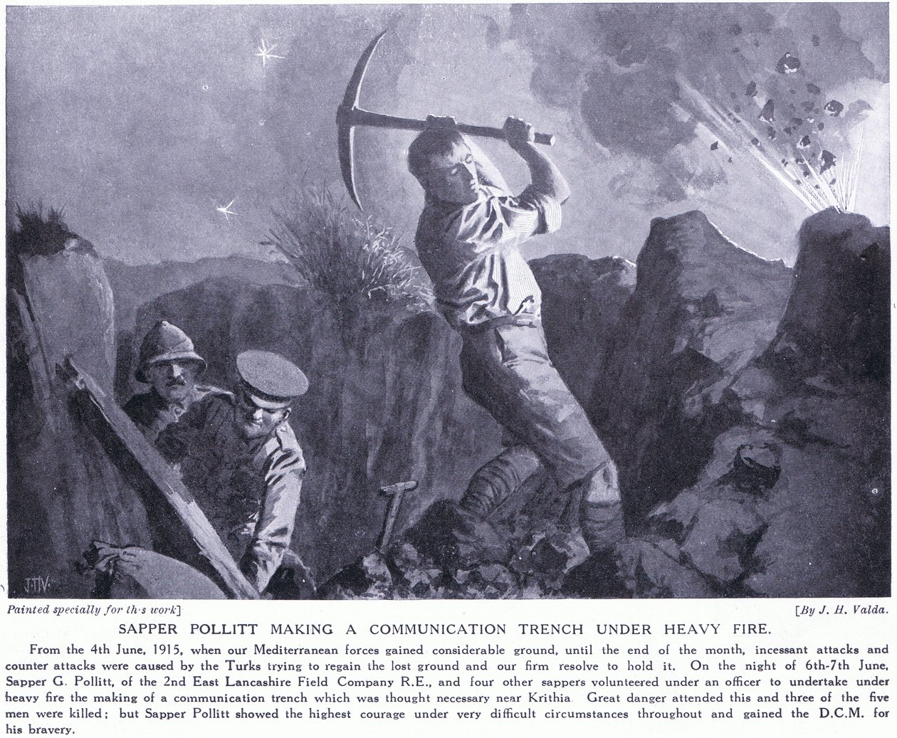Sapper Pollitt wykonuje okop komunikacyjny pod ciężkim ostrzałem na półwyspie Gallipoli w czerwcu 1915 r. autorstwa John Harris Valda