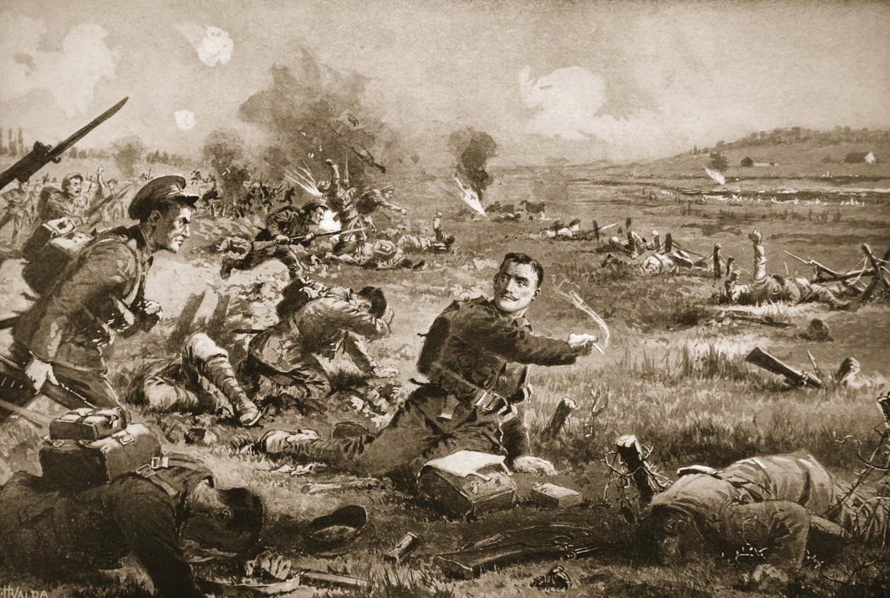 Sierżant B.C. Shea mobilizuje i dopinguje ludzi ze swojego pułku po tym, jak został ciężko ranny pod Rouges Bancs autorstwa John Harris Valda