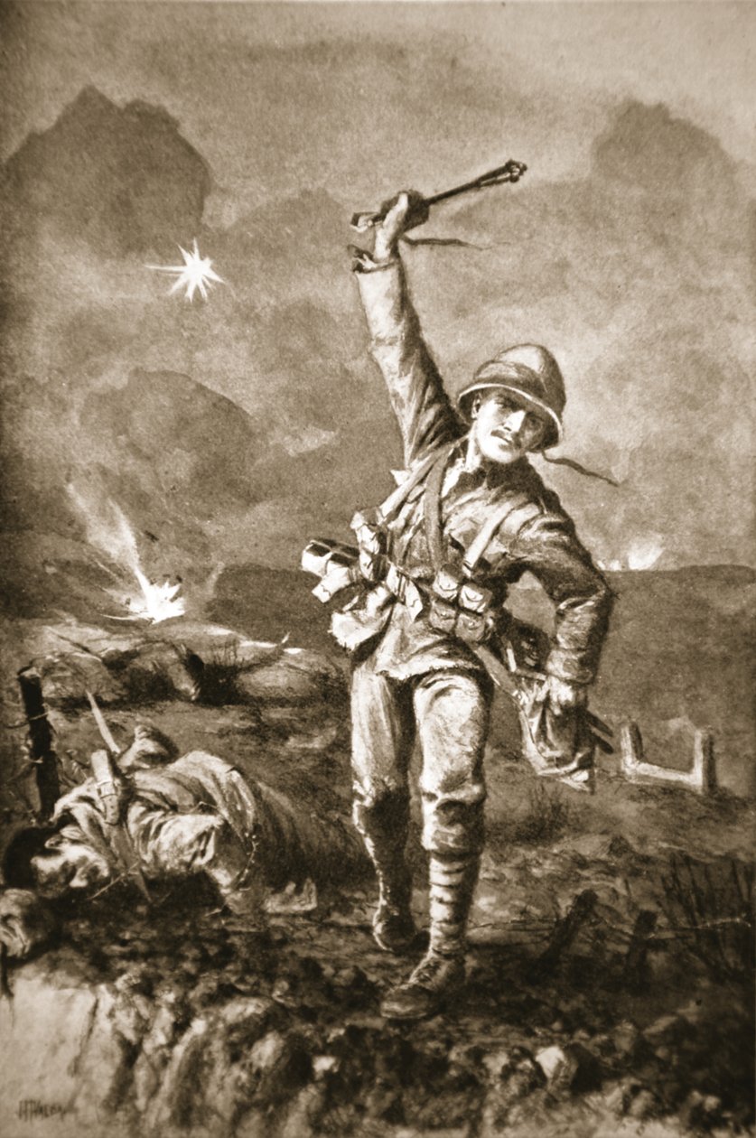 Sierżant Somers powstrzymuje wroga, bombardując go, gdy wznosi się barykada autorstwa John Harris Valda