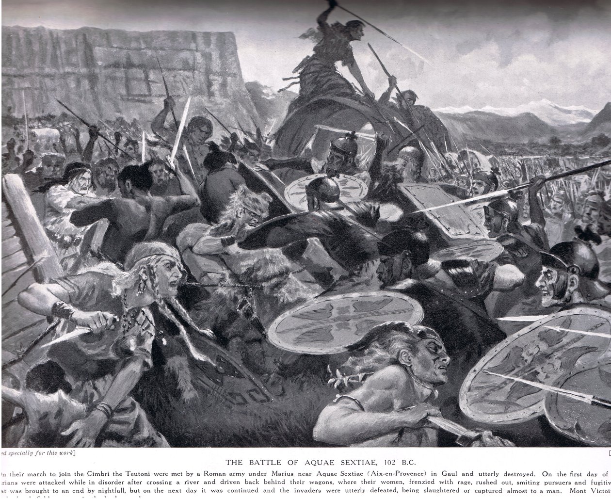 Bitwa pod Aquae Sextiae, 102 rpne, ilustracja z „Historia narodów Hutchinsona”, początek XX wieku autorstwa John Harris Valda