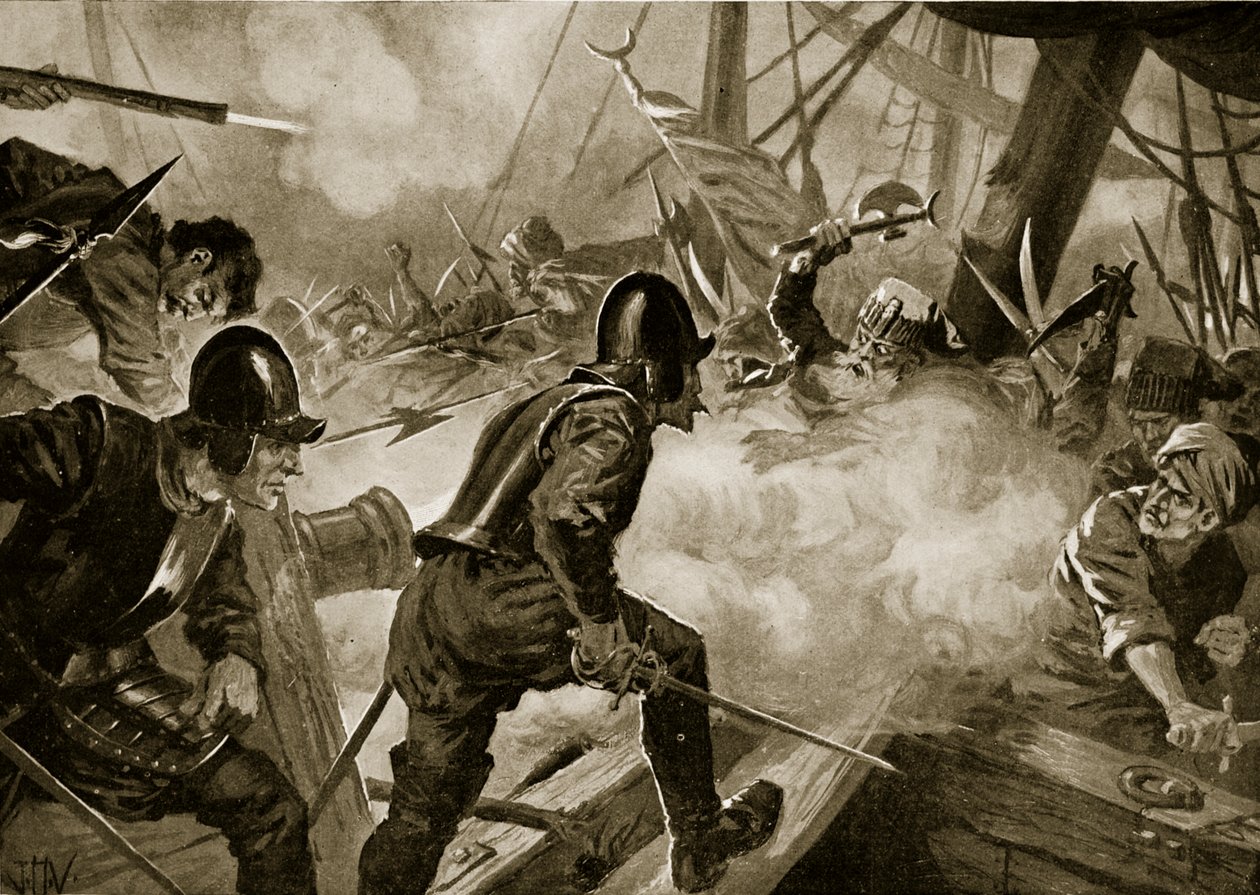 Bitwa pod Lepanto, ilustracja z „Historii narodów Hutchinsona”, c.1915 (lito) autorstwa John Harris Valda