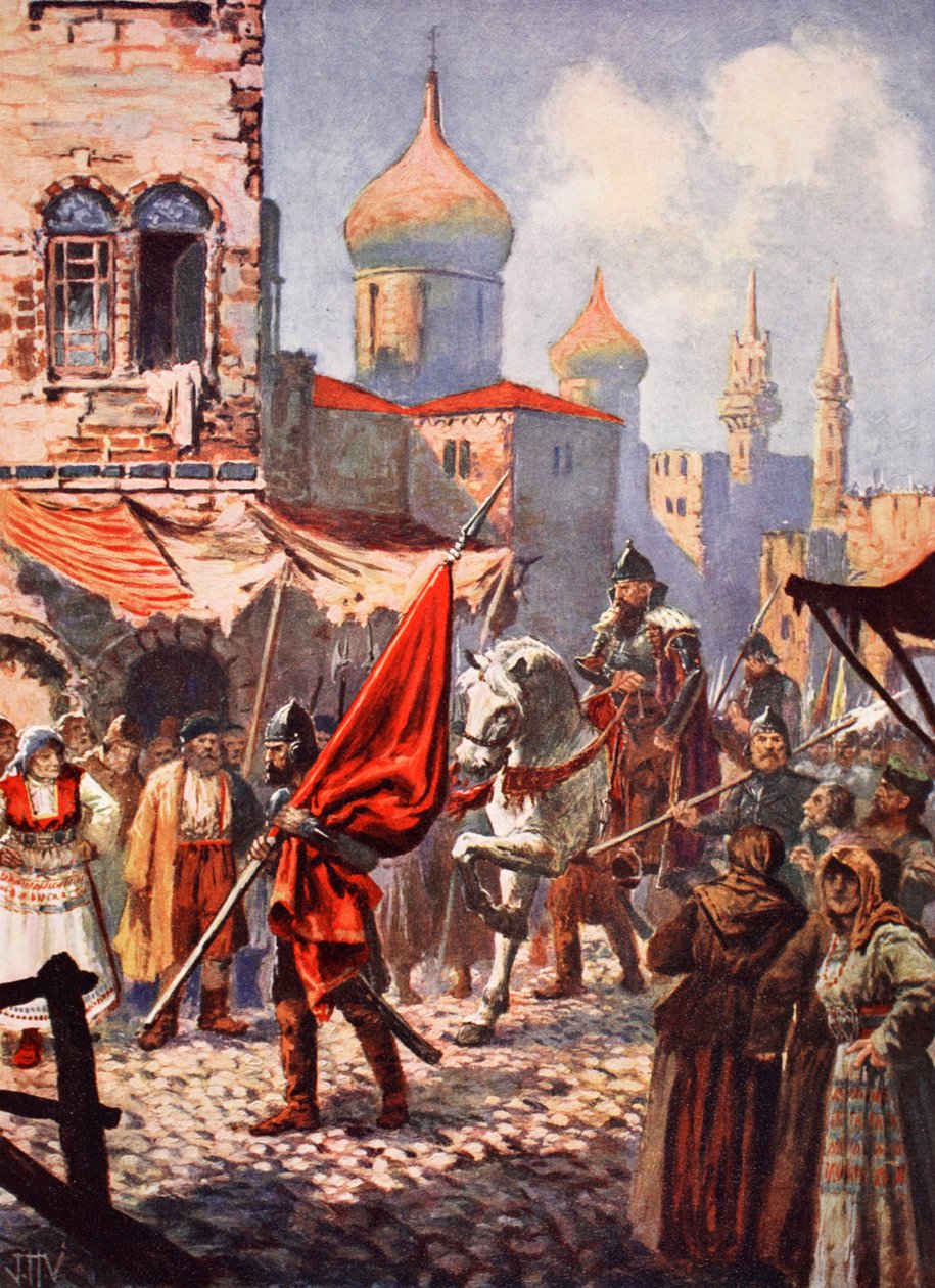 Powrót Iwana Groźnego do Moskwy po podboju Kazania (litografia kolorowa) autorstwa John Harris Valda