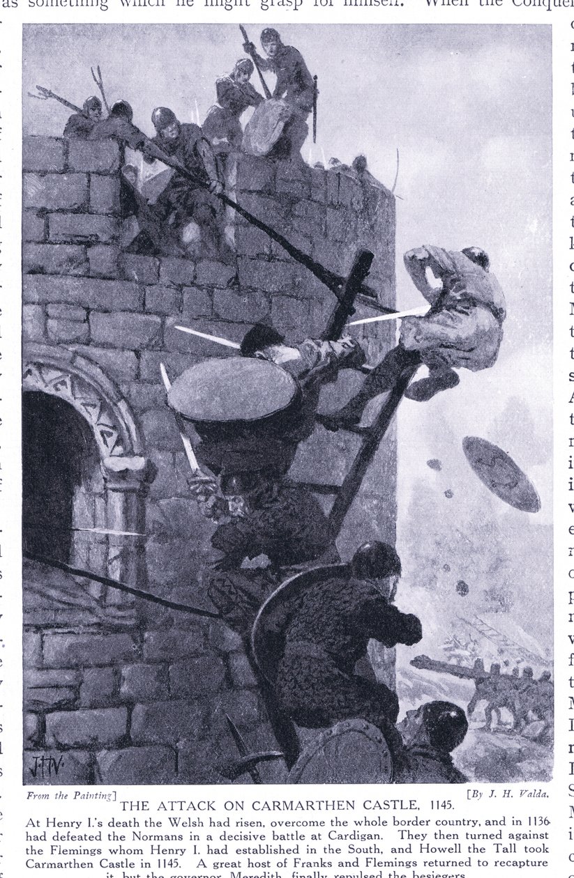 Atak na zamek Carmarthen AD1136, lata 20. autorstwa John Harris Valda