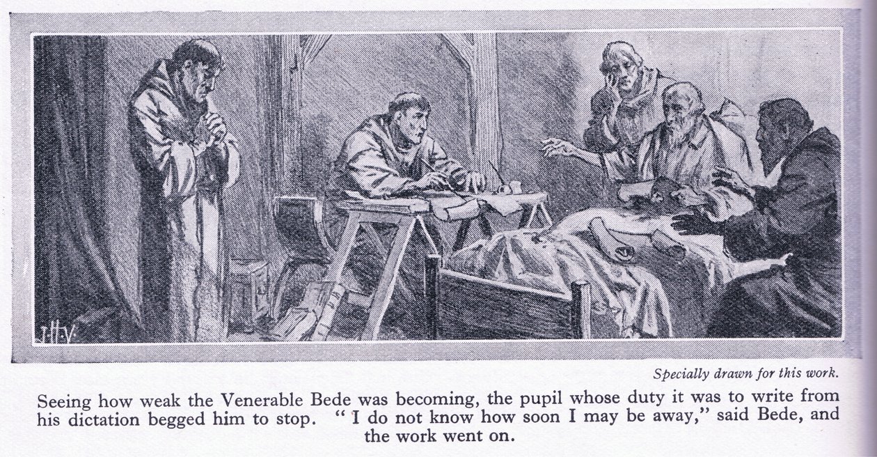Ostatnie dni Czcigodnego Bede tłumaczącego Ewangelię św. Jana na angielski 735 AD, ok. 1950 autorstwa John Harris Valda