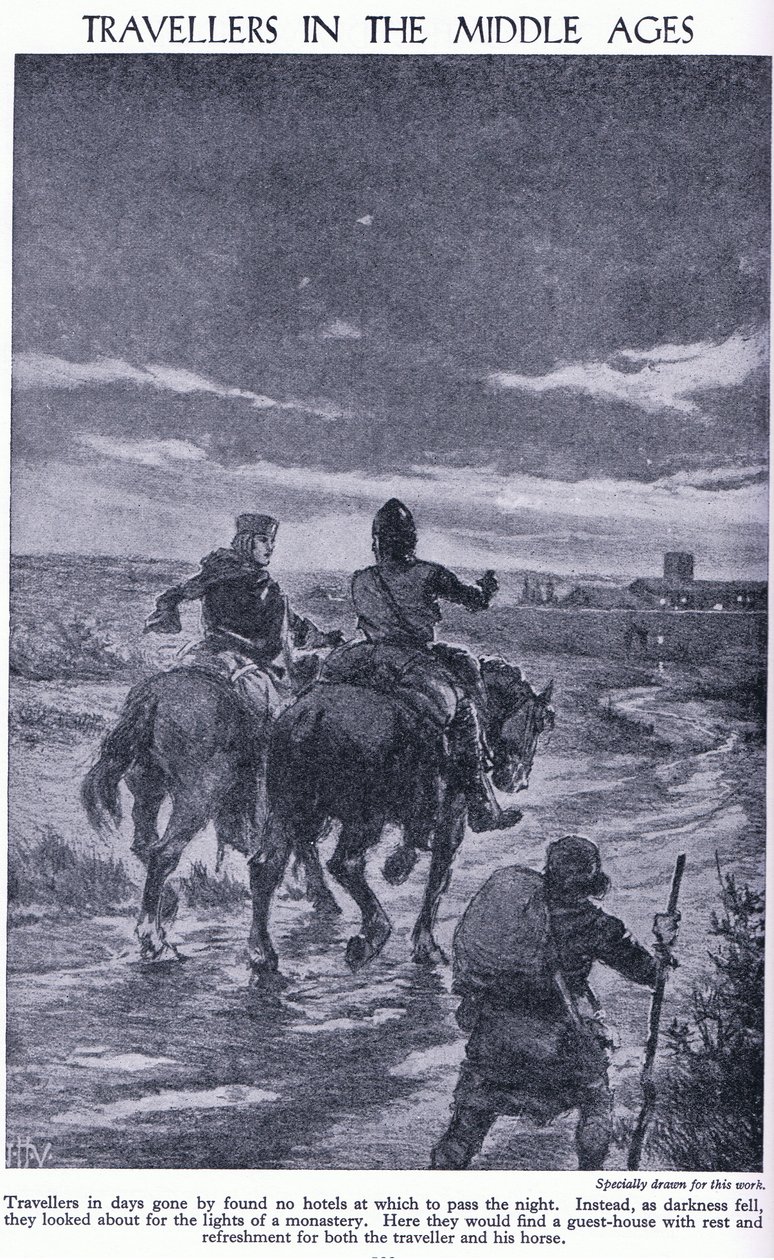 Podróżnicy w średniowieczu. Po zapadnięciu zmroku podróżni szukali świateł klasztoru, ok. 1950 r. autorstwa John Harris Valda