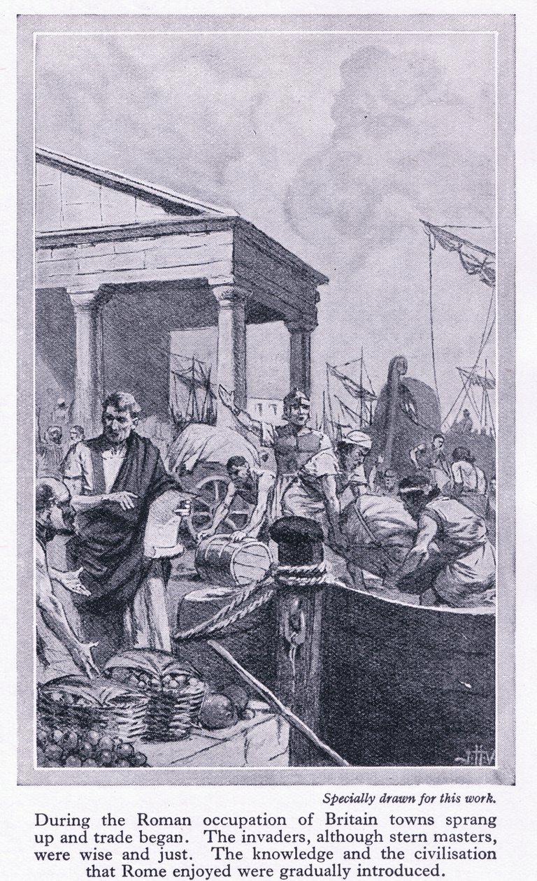 Pod okupacją rzymską: Powstają brytyjskie miasta i rozpoczyna się handel, ok. 1950 r. autorstwa John Harris Valda