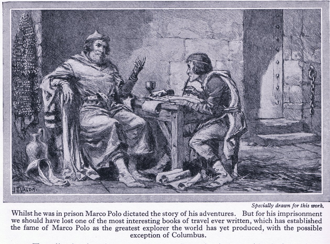 Podczas pobytu w więzieniu Marco Polo podyktował historię swoich przygód, ok. 1950 autorstwa John Harris Valda