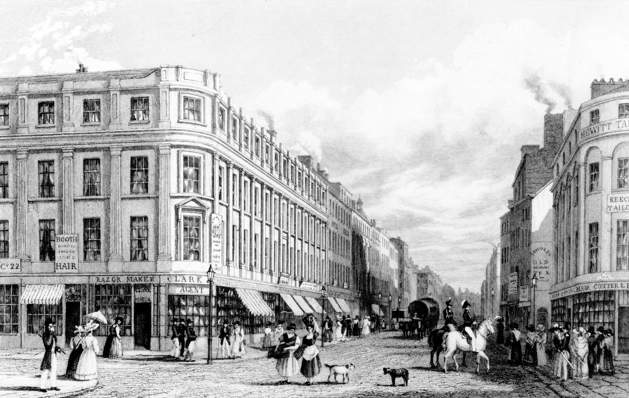 Market Street od Market Place, Manchester, grawerowana przez Fredericka Jamesa Havell, 1829 autorstwa John Harwood