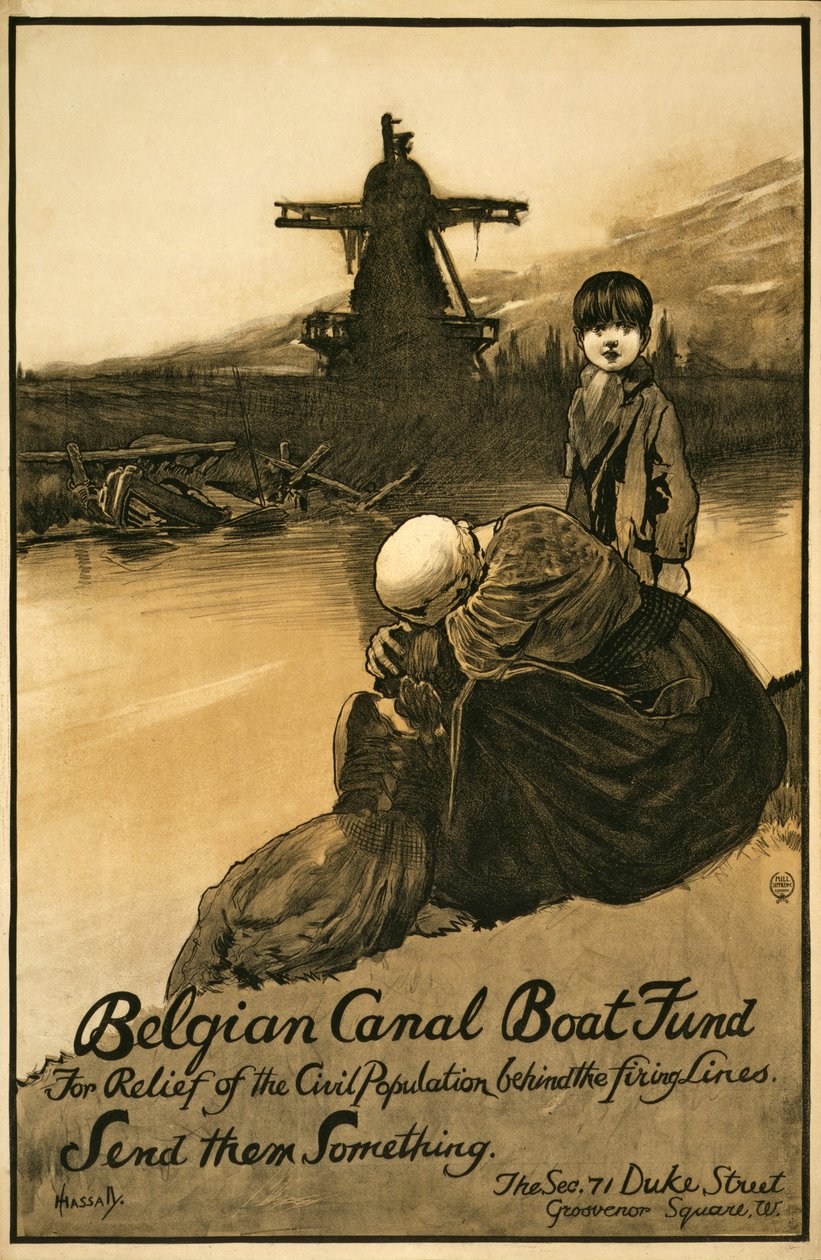 Kampania fundraisingowa dla belgijskiego Canal Boat Fund, wyd. 1914-18 (kolor lito) autorstwa John Hassall