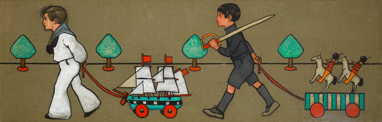 Oryginalny projekt fryzu "Parady dzieci z zabawkami", ok. 1900 (gwasz na brązowym papierze) autorstwa John Hassall