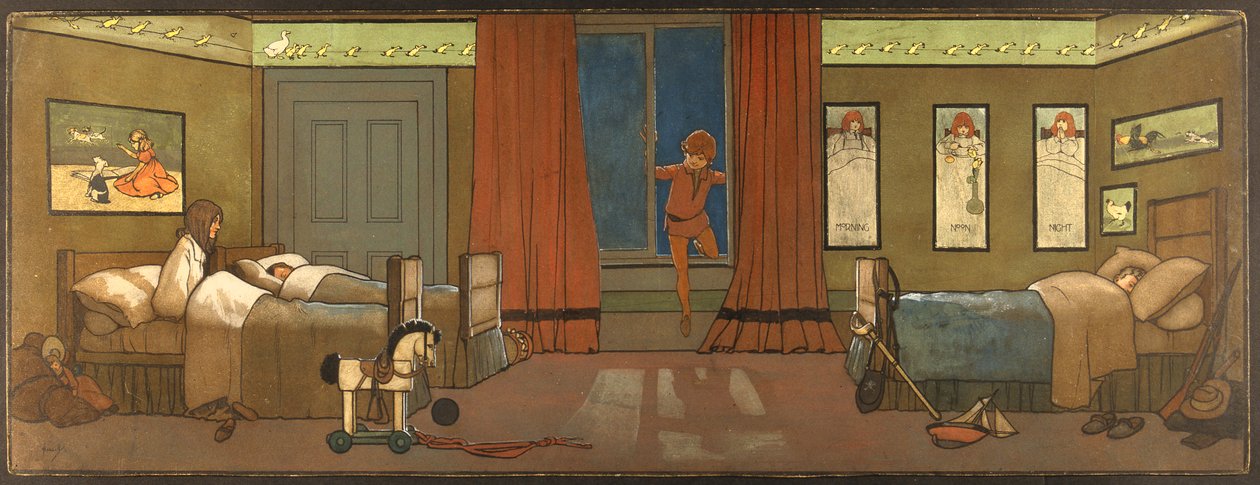 The Darling Family Nursery: Peter wchodzi w poszukiwaniu swojego cienia i Wendy się budzi, ilustracja z „Piotruś Pana”, c.1906 autorstwa John Hassall