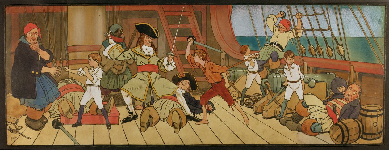 Zagubieni chłopcy w walce z piratami i Piotrem w ostatnim pojedynku z kapitanem Hakiem, ilustracja z „Piotruś Pana”, c.1906 autorstwa John Hassall