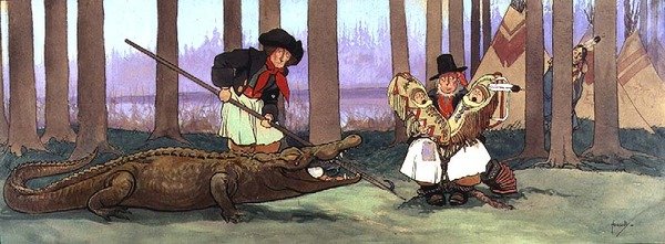 Pirat, dżentelmen Starky, został schwytany przez czerwonoskórych i jest nieszczęśliwy. Smee śpiewa werset pirackiej piosenki kapitanowi Hakowi, który jest teraz Wewnątrz krokodyla, ok. 1906 autorstwa John Hassall