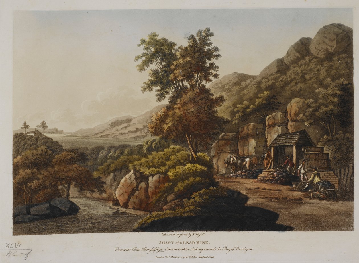 Szyb kopalni ołowiu. Widok w pobliżu Pont Aberglaslyn, Carnarvonshire, w kierunku zatoki Cardigan, opublikowany w 1798 (kolorowa rycina) autorstwa John Hassell