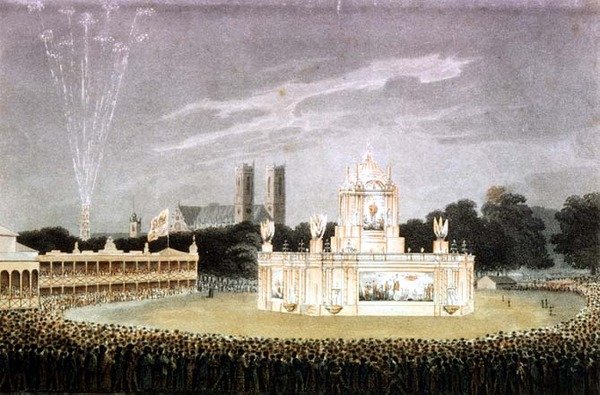Pokaz sztucznych ogni w Green Park z okazji klęski Napoleona, grawerowany przez pub Matthew Dubourg. 1814 (grawerowanie) autorstwa John Heaviside (after) Clark